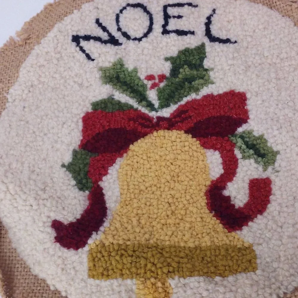 Vintage 80s Handmade Tapestry Needlework Christmas Decor NOEL Bell Needs Blocked